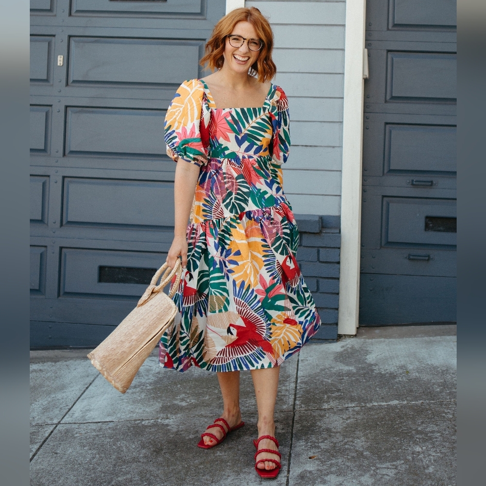 Farm Rio Off White Macaw Midi Dress in Multi Womens Size XS